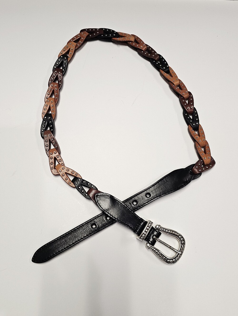 Brighton Vintage Fishtail Studded Brown Black Belt 30